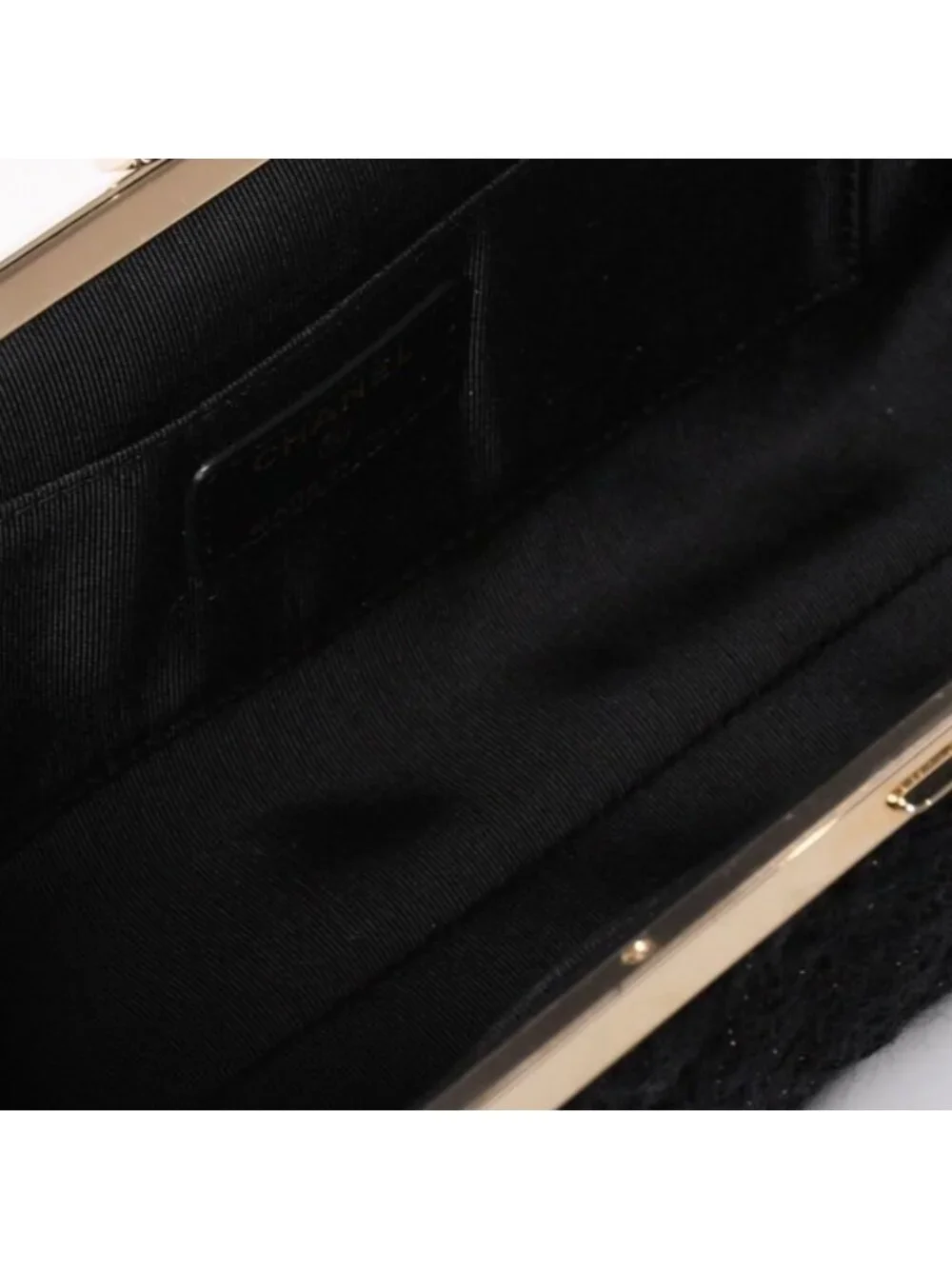 Chanel Clutch Pouch CC Logo Tweed Kiss Lock Black Gold